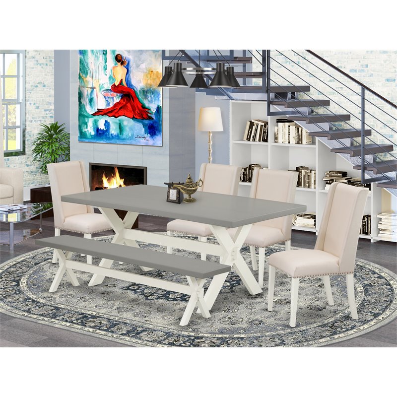 East West Furniture X-Style 6-piece Wood Dining Room Table Set in White/Cream