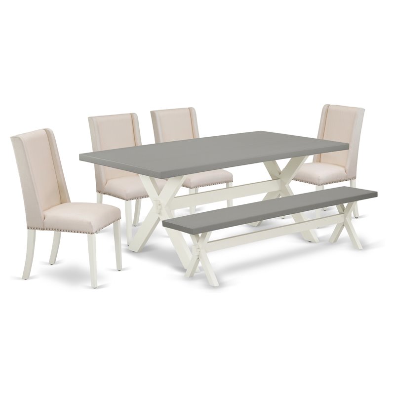 East West Furniture X-Style 6-piece Wood Dining Room Table Set in White/Cream