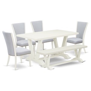 East West Furniture V-Style 6-piece Wood Dining Set with Bench in White/Gray