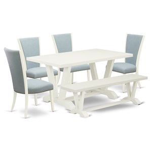 East West Furniture V-Style 6-piece Dining Room Set w/ Bench in White/Baby Blue