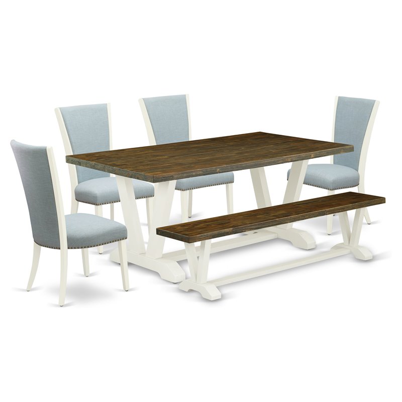 East West Furniture V-Style 6-piece Dining Room Table Set with Bench in White