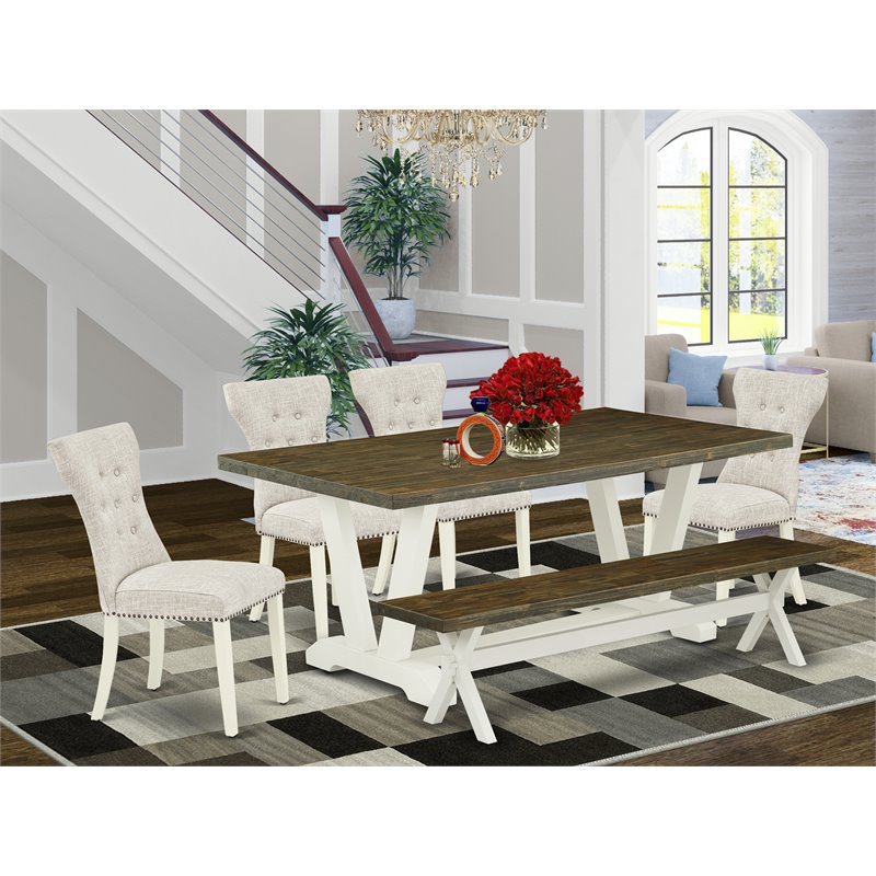 East West Furniture V-Style 6-piece Wood Dinette Set in Linen White/Doeskin