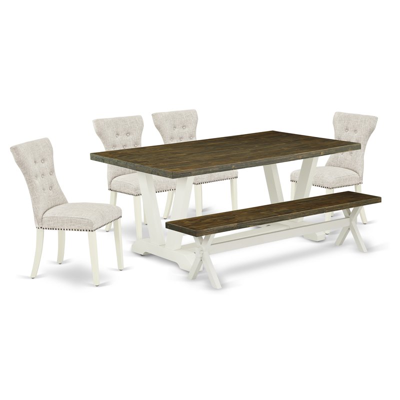 East West Furniture V-Style 6-piece Wood Dinette Set in Linen White/Doeskin