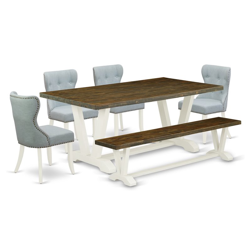 East West Furniture V-Style 6-piece Wood Kitchen Set in Linen White/Baby Blue