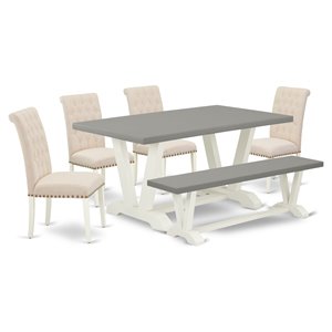 East West Furniture V-Style 6-piece Wood Dining Table Set in Linen White/Cement
