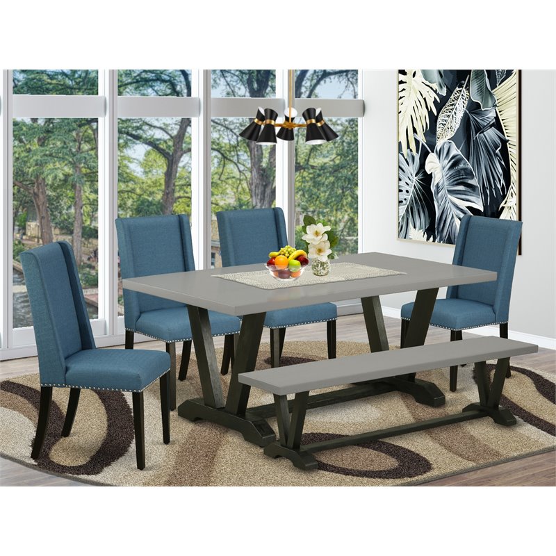 East West Furniture V-Style 6-piece Wood Dining Set in Mineral Blue