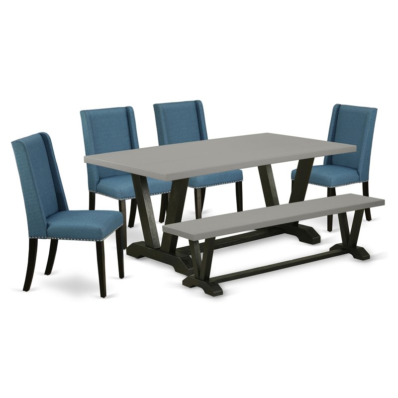 East West Furniture V-Style 6-piece Wood Dining Set in Mineral Blue