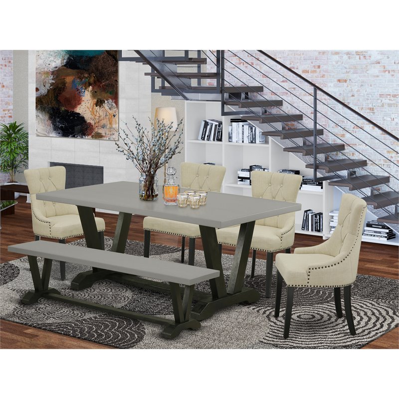East West Furniture V-Style 6-piece Wood Dining Set with Fabric Chairs in Black
