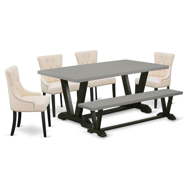 East West Furniture V-Style 6-piece Wood Dining Set with Fabric Chairs in Black