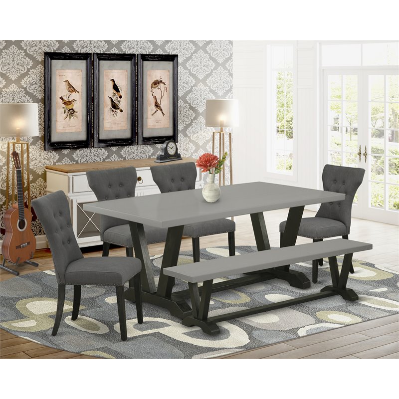 East West Furniture V-Style 6-piece Dining Table Set in Dark Gotham Gray