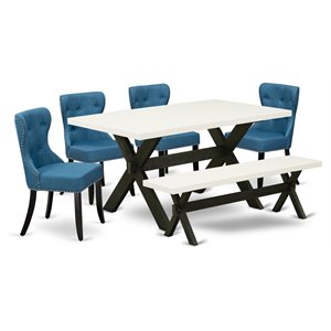 East West Furniture X-Style 6-piece Wood Dining Set in White/Black/Blue
