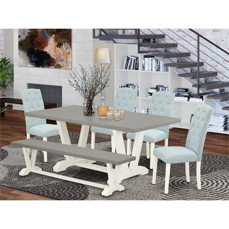 East West Furniture V-Style 6-piece Dining Set with Bench in White/Baby Blue