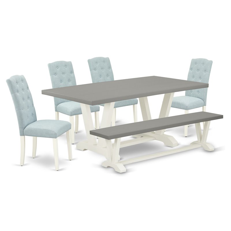 East West Furniture V-Style 6-piece Dining Set with Bench in White/Baby Blue