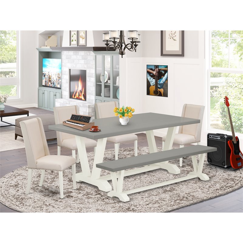 East West Furniture V-Style 6-piece Wood Dining Set with Bench in White/Cream