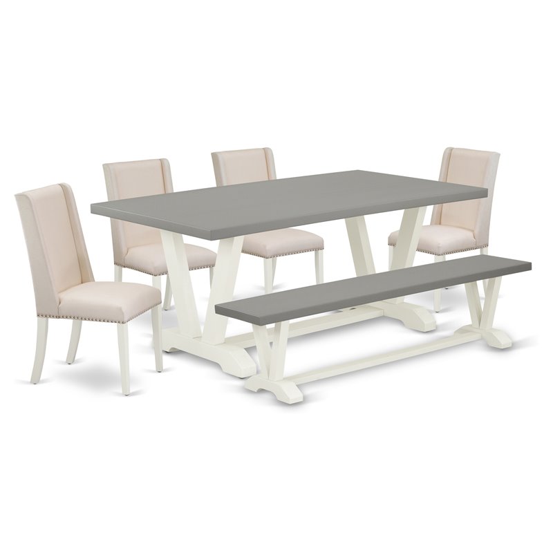 East West Furniture V-Style 6-piece Wood Dining Set with Bench in White/Cream
