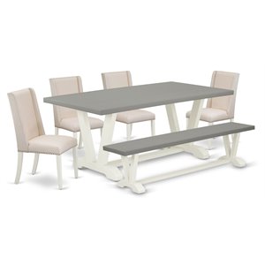 East West Furniture V-Style 6-piece Wood Dining Set with Bench in White/Cream