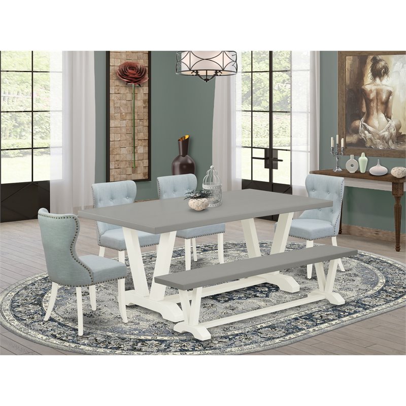 East West Furniture V-Style 6-piece Dining Set in Linen White/Baby Blue