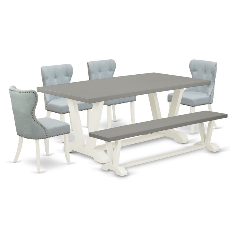 East West Furniture V-Style 6-piece Dining Set in Linen White/Baby Blue