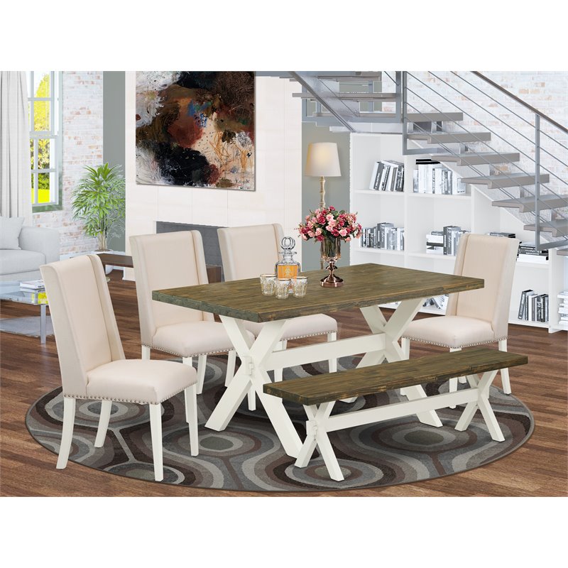 East West Furniture X-Style 6-piece Wood Dining Table Set in Linen White/Cream