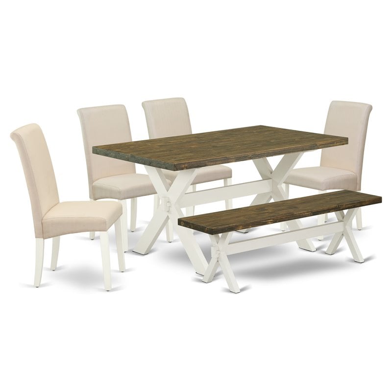 East West Furniture X-Style 6-piece Wood Dining Table Set in Linen White/Cream