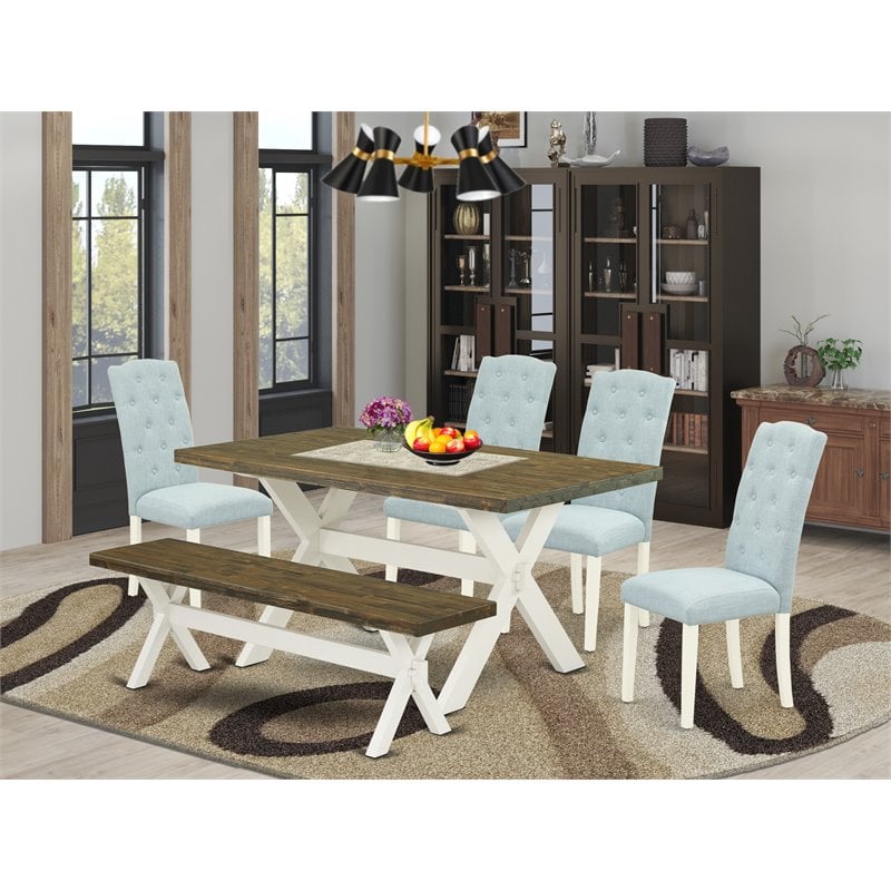 East West Furniture X-Style 6-piece Wood Kitchen Table Set in White/Baby Blue