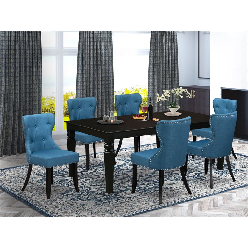 East West Furniture Logan 7-piece Wood Dining Set in Black/Mineral Blue