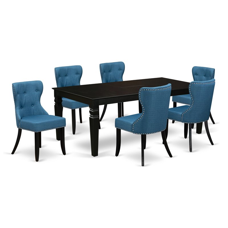 East West Furniture Logan 7-piece Wood Dining Set in Black/Mineral Blue