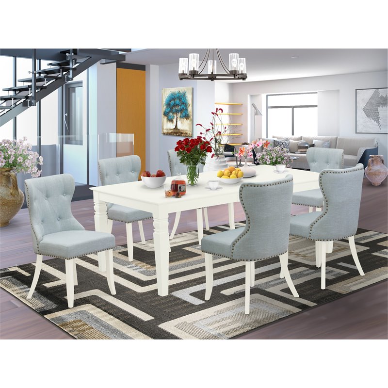 East West Furniture Logan 7-piece Wood Dining Set in Linen White/Baby Blue