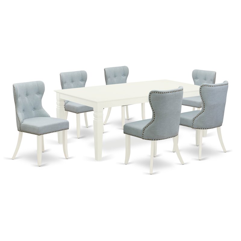 East West Furniture Logan 7-piece Wood Dining Set in Linen White/Baby Blue