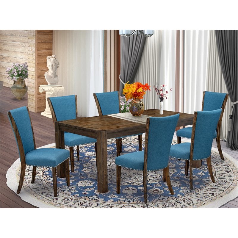East West Furniture Lismore 7-piece Wood Dining Set in Jacobean Brown/Blue