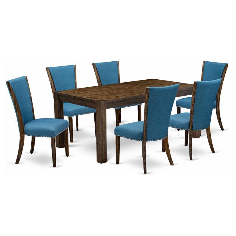 East West Furniture Lismore 7-piece Wood Dining Set in Jacobean Brown/Blue