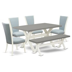 East West Furniture X-Style 6-piece Wood Dining Set w/ Bench in White/Baby Blue