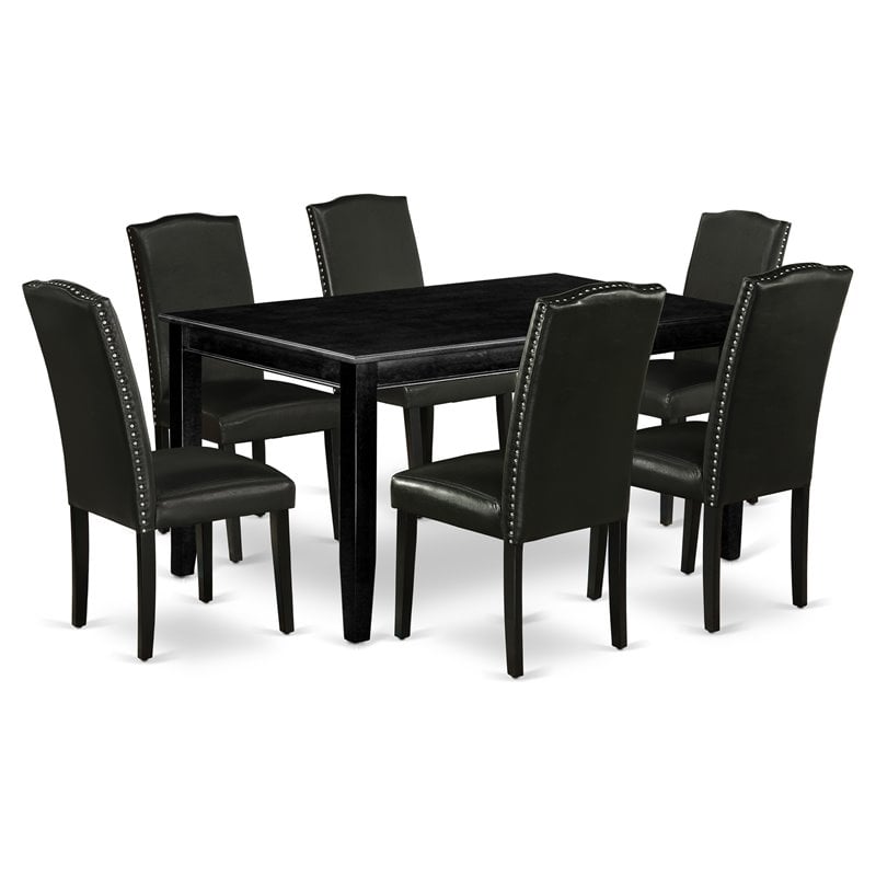 East West Furniture Dudley 7-piece Wood Dining Set with Leather Seat in Black