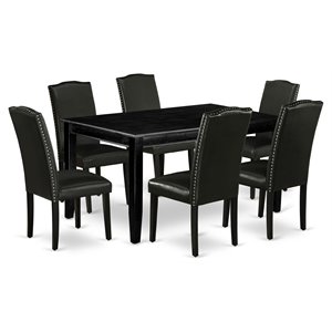 east west furniture dudley 7-piece wood dining set with leather seat in black