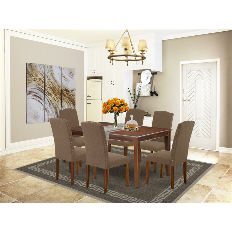 East West Furniture Dudley 7-piece Wood Dining Set in Mahogany/Dark Coffee