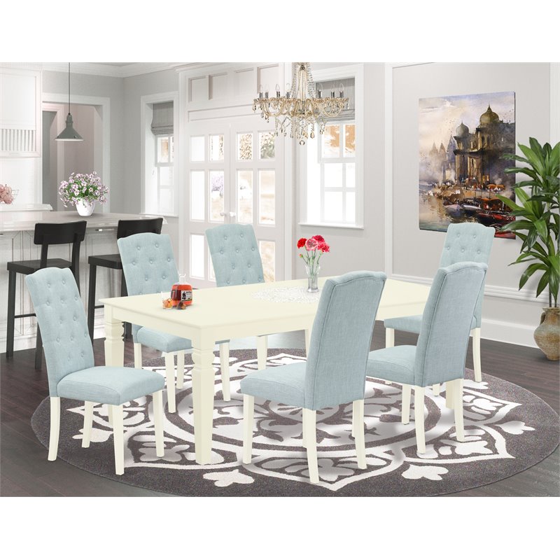 East West Furniture Logan 7-piece Wood Dinette Set in Linen White/Baby Blue