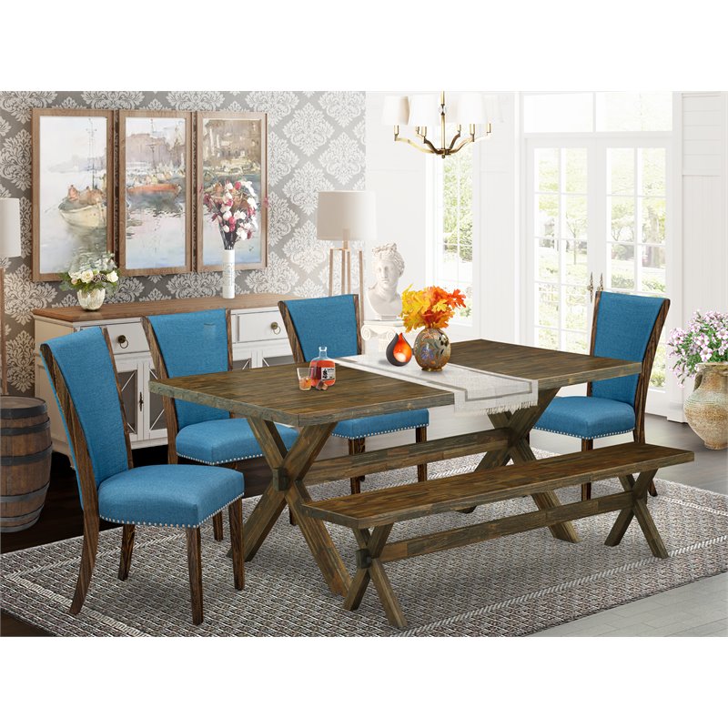 East West Furniture X-Style 6-piece Dining Set with Bench in Jacobean Brown