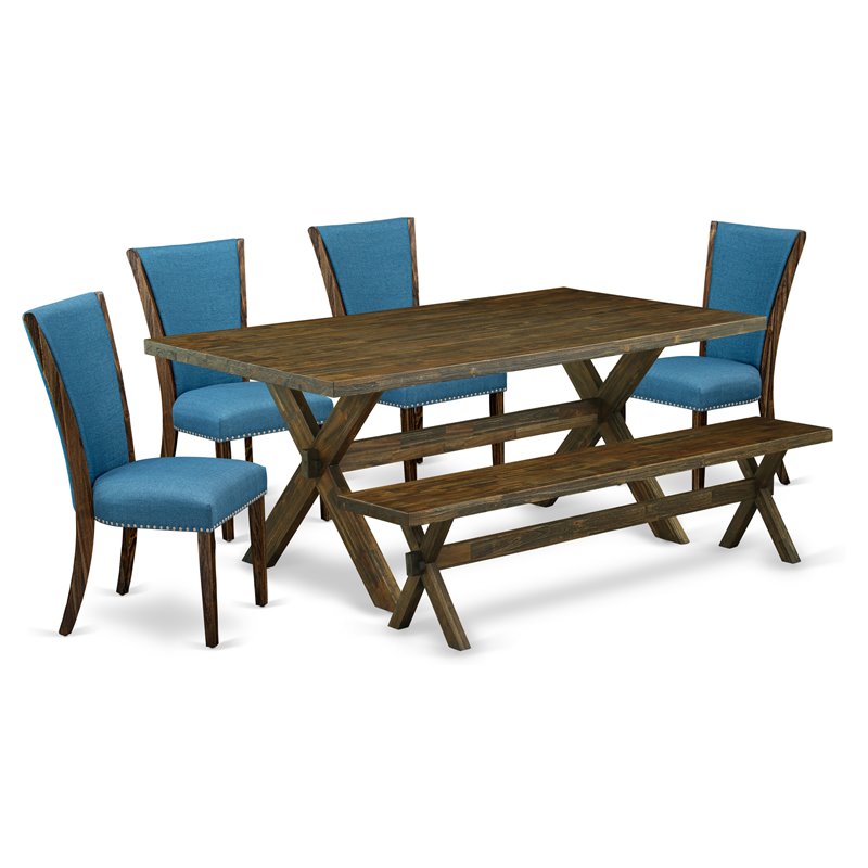 East West Furniture X-Style 6-piece Dining Set with Bench in Jacobean Brown
