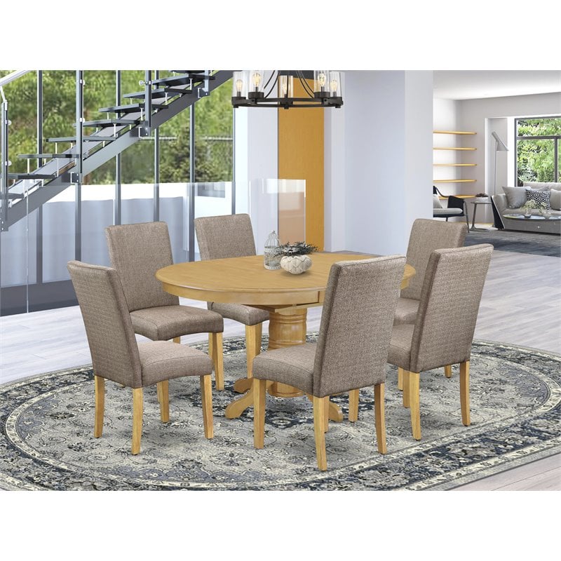 East West Furniture Avon 7-piece Wood Dining Set in Oak/Dark Khaki