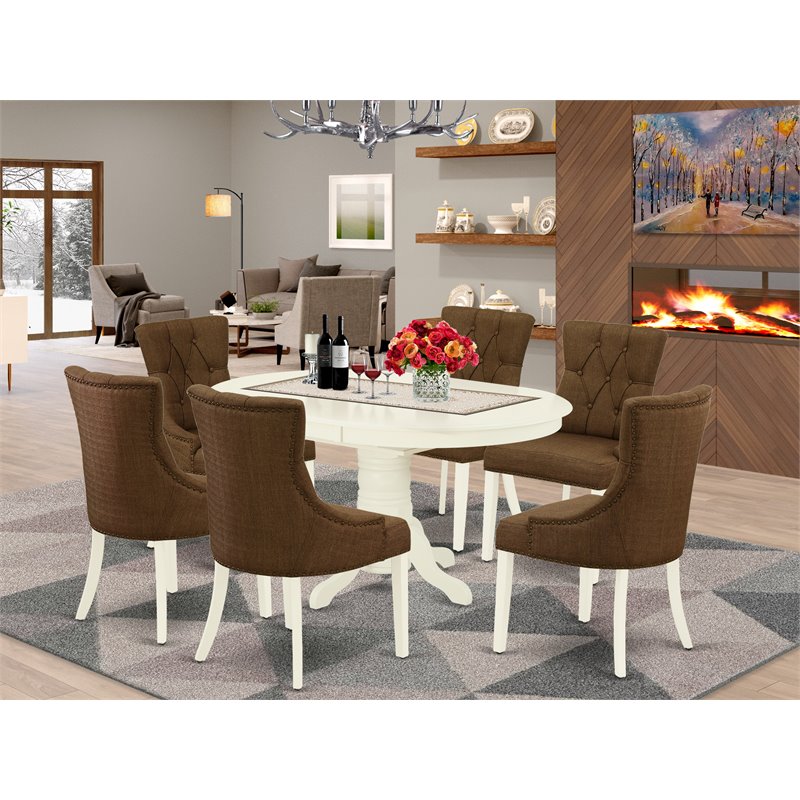 East West Furniture Avon 7-piece Wood Dining Set in Linen White/Dark Coffee