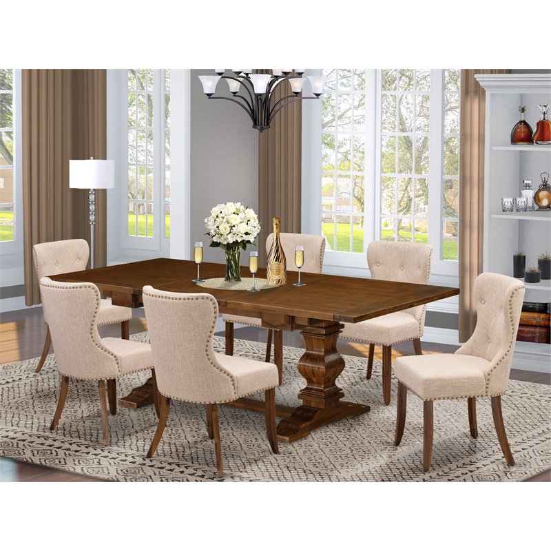 East West Furniture Lassale 7-piece Wood Dining Set in Walnut/Tan