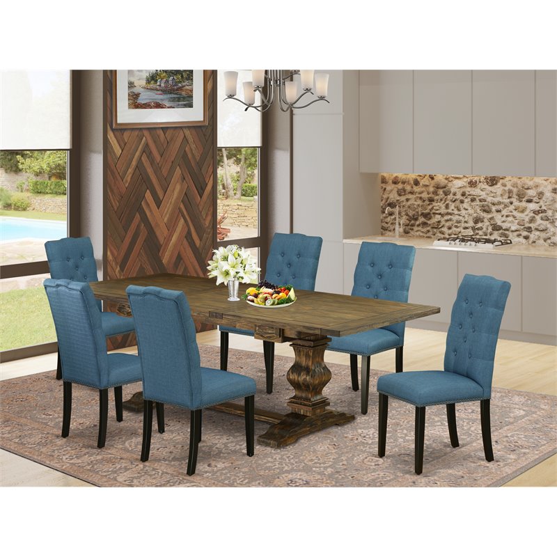 East West Furniture Lassale 7-piece Wood Dining Set in Brown/Mineral Blue