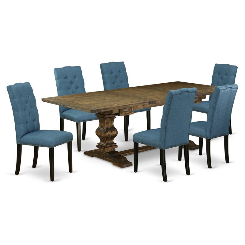 East West Furniture Lassale 7-piece Wood Dining Set in Brown/Mineral Blue