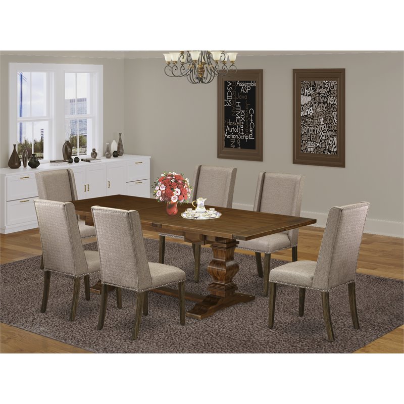 East West Furniture Lassale 7-piece Wood Dining Set in Walnut/Dark Khaki