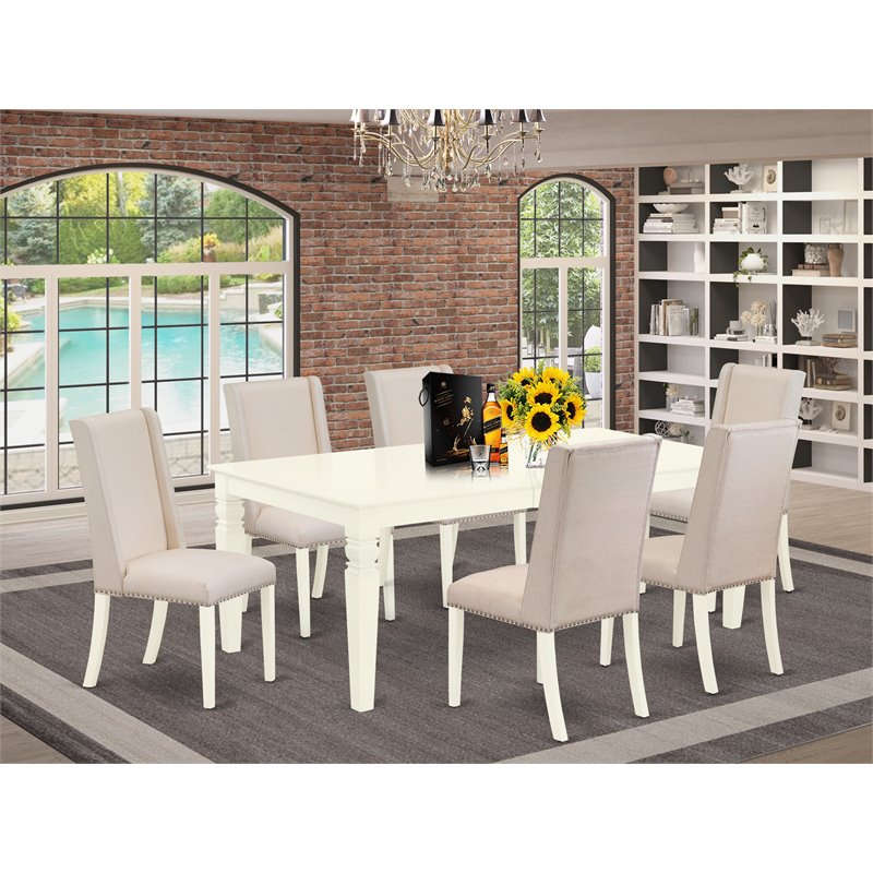 East West Furniture Logan 7-piece Wood Dining Table Set in Linen White