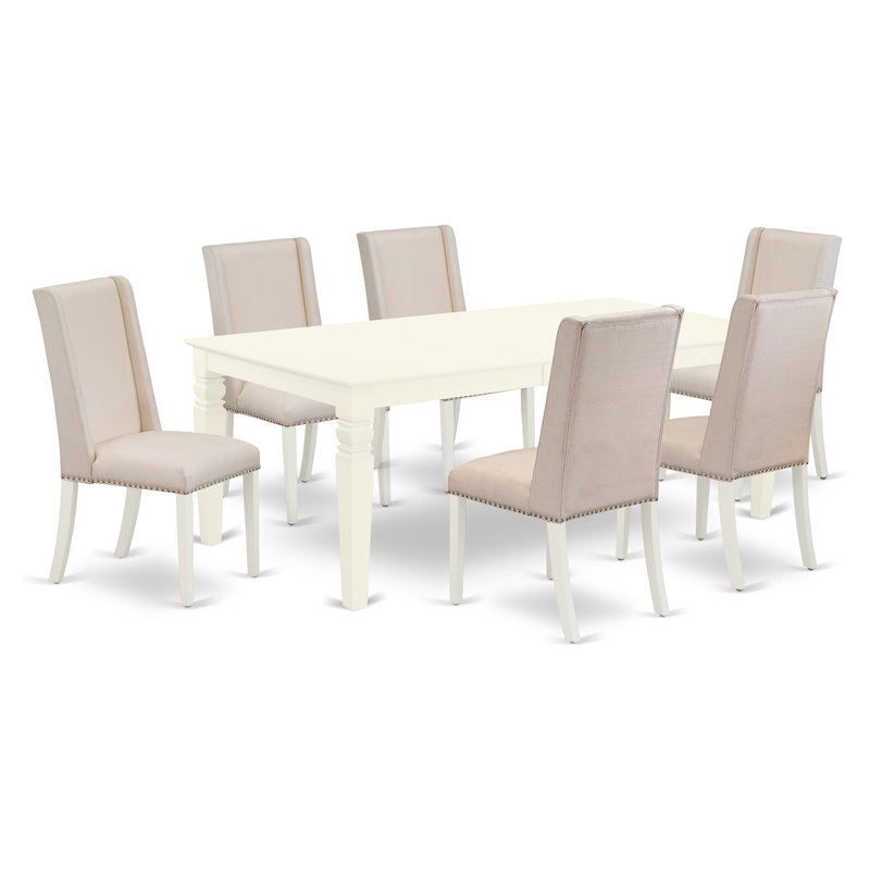 East West Furniture Logan 7-piece Wood Dining Table Set in Linen White