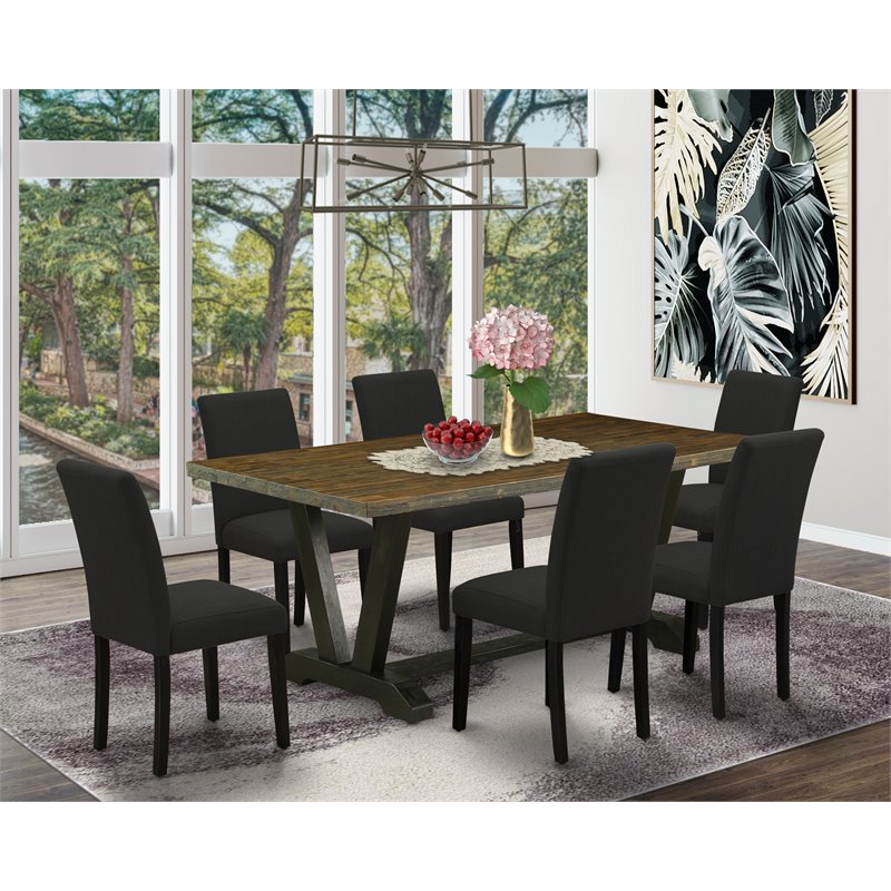 East West Furniture V-Style 7-piece Wood Dining Set in Distressed Jacobean Brown