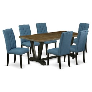 East West Furniture V-Style 7-piece Wood Dining Set with Fabric Seat in Black