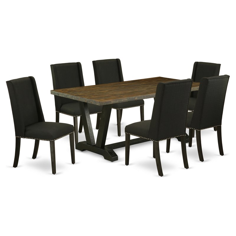 East West Furniture V-Style 7-piece Wood Kitchen Set with Linen Seat in Black