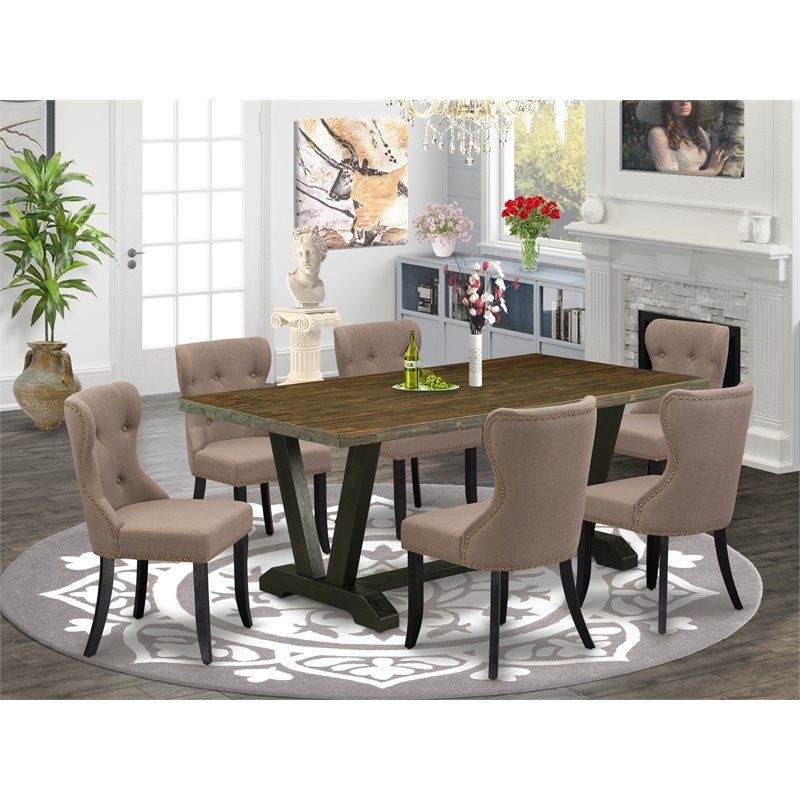 East West Furniture V-Style 7-piece Wood Dining Set in Black/Coffee